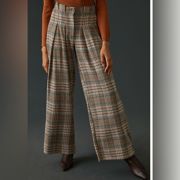Anthropologie Maeve Checkered Pleated Wide Leg Trousers in Brown and Black - Picture 2 of 12